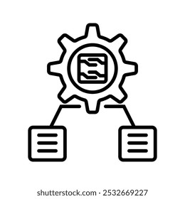 NLP thin line icon with Speech Bubbles and Circuits with Gear. Vector Illustration symbol for AI, artificial intelligence, machine learning, llms and Intelligent