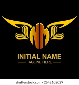 NM Golden Wing Emblem Logo with elegant gold wings, sleek and modern design. Ideal for branding, creative projects, luxury businesses, or artistic ventures.