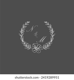 NM initial monogram wedding with creative leaf