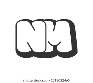 Logotipo de NM, letras cómicas de burbujas, redondeadas en estilo de graffiti en blanco y negro. Texto de moda de la letra N y M preescolar para la fiesta del festival, iniciales personales, impresión funky de los niños y Web. Vector