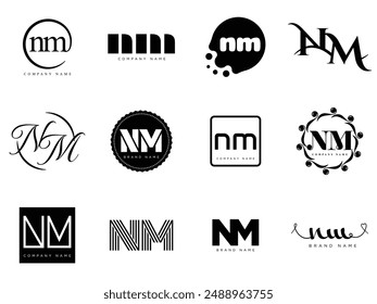 NM logo company template. Letter n and m logotype. Set different classic serif lettering and modern bold text with design elements. Initial font typography. Collection trendy business identity.