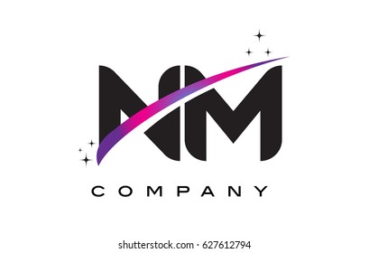NM N M Black Letter Logo Design with Purple Magenta Swoosh and Stars.