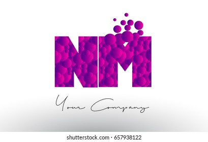 NM N M Dots Letter Logo with Purple Pink Magenta Bubbles Texture Vector.