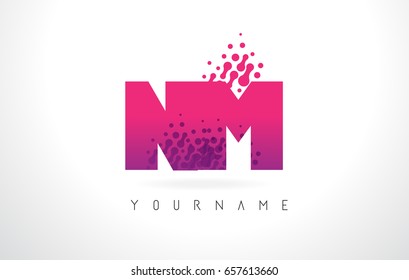 NM N M Letter Logo with Pink Letters and Purple Color Particles Dots Design.