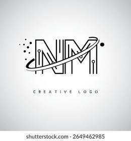 Logotipo de Monograma de Órbita NM - Marca de Letra Mínima Futurista com Linha de Arte Circular, Pontos Inspirados na Tecnologia e Conceito de Movimento Espacial para Identidade de Marca Moderna