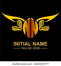 NN Golden Wing Emblem Logo with elegant gold wings, sleek and modern design. Ideal for branding, creative projects, luxury businesses, or artistic ventures.