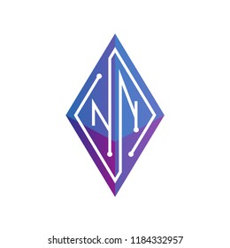 NN Initial letter block chain logo icon vector template. Looping mono line circuit letter on rhombus cube logo