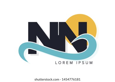 NN letter logo with ocean waves and sunset. Beach concept design