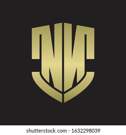 NN Logo monogram with emblem shield shape design isolated gold colors on black background