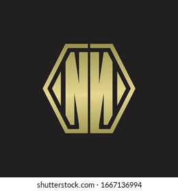 NN Logo monogram with hexagon line rounded design template with gold colors