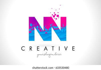 NN N Letter Logo with Broken Shattered Blue Pink Triangles Texture Design Vector Illustration.