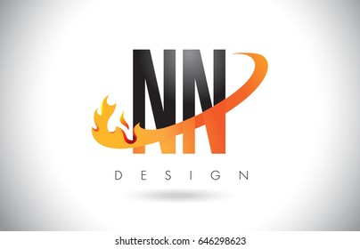 NN N Letter Logo Design with Fire Flames and Orange Swoosh Vector Illustration.