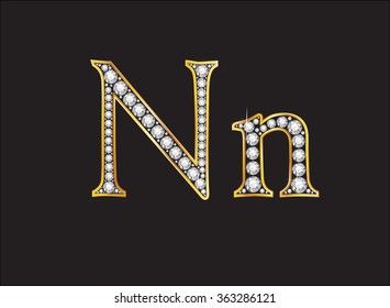 Nn in stunning diamond precious round jewels set into a 2-level gold gradient channel setting, isolated on black. Vector EPS-10 file, transparency used. 