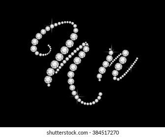 Nn in stunning Diamond Script precious round jewels, isolated on black. Vector EPS-10 file, transparency used. 