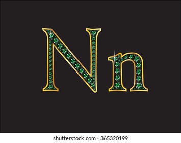 Nn in stunning emerald precious round jewels set into a 2-level gold gradient channel setting, isolated on black. Vector EPS-10 file, transparency used. 
