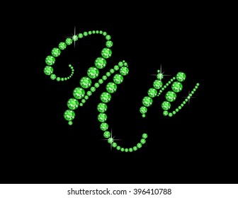 Nn in stunning Peridot Script precious round jewels, isolated on black. Vector EPS-10 file, transparency used. 