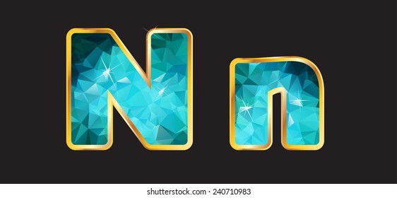 Nn in this series of letters made from 2 channels of gradient gold and a multi-layered teal aquamarine sparkling faceted interior. Vector EPS-10 file, transparency used. 