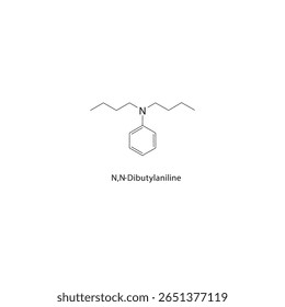 Estrutura esquelética de N,N-dibutilanilina Ilustração esquemática do composto amina aromático. Diagrama simples, fórmula química.