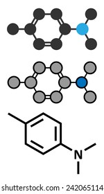 N,N-dimethyl-p-toluidine (DMPT) molecule. Commonly used as catalyst in the production of polymers and in dental materials and bone cements. Conventional skeletal formula and stylized representations.