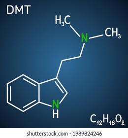 N,N-Dimethyltryptamin, Dimethyltryptamin, DMT-Molekül. Es ist tryptaminalkaloid, indoleaminderivat, serotonergen Halluzinogen. Strukturelle chemische Formel auf dunkelblauem Hintergrund. Vektorgrafik 