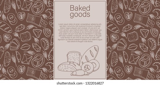 nner with a pattern of bakery products with a linear pattern of loaves of bread, lamb and croissant. Vector