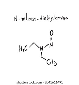 N-Nitroso-diethylamine molecule formula. Hand drawn imitation structural model, nitrosamine chemistry skeletal formula, nitroso sketchy vector symbol