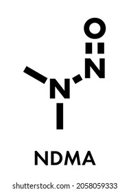N-Nitrosodimethylamine (dimethylnitrosamine, NDMA, DMN) pollutant molecule. Highly toxic, especially to the liver and suspected carcinogen. Skeletal formula.