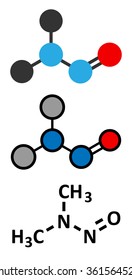N-Nitrosodimethylamine (dimethylnitrosamine, NDMA, DMN) pollutant molecule. Highly toxic, especially to the liver and suspected carcinogen. Stylized 2D renderings and conventional skeletal formula. 