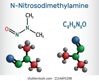 N-Nitrosodimethylamine, NDMA, dimethylnitrosamine, DMN molecule. It is human carcinogen, poison. Structural chemical formula and molecule model. Vector illustration