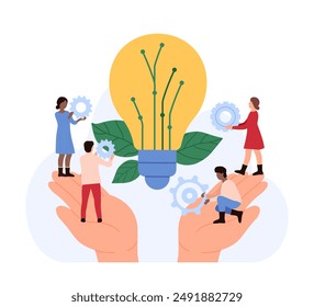 Innovadores con manos Grandes, sosteniendo engranajes y trabajando juntos para desarrollar nuevas ideas. Una bombilla gigante representa innovación y Ilustración vectorial de pensamiento creativo.