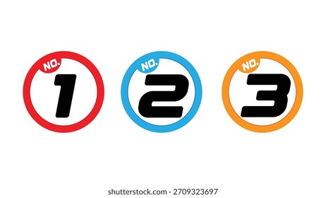 Die Zahlensymbole Nr. 1, Nr. 2 und Nr. 3 in Kreisen für Ranglisten, Bewertungen oder Top-Listen. Rote, blaue und orangefarbene Farbgebung.