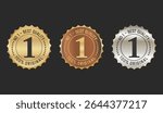 No 1 Best Quality label in gold bronze and silver stock illustration