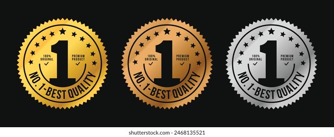 No. 1 Best Quality label, circle with silhouette of number 1 vector label in gold, bronze and silver. suitable for icon, logo, sticker, seal, badge, emblem, stamp, etc.