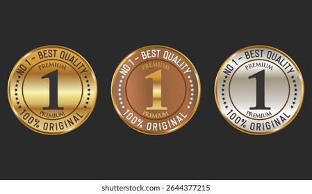 No 1 Best Quality label in gold bronze and silver stock illustration
