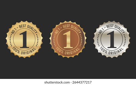 No 1 Best Quality label in gold bronze and silver stock illustration