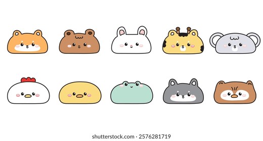 No 1.Set of cute animals head with smile face.Wild.Pet.Reptile.Rodent.Shiba inu dog,rabbit,bear,frog,chicken.Cartoon character.Kawaii.Vector.Illustration. 