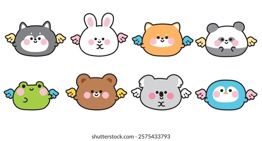 No 1.Set of cute round shape animals have wing.Angle.Rabbit,frog,penguin,bear,dog.Animal fly on white background.Cartoon character.Kawaii.Vector.Illustration.