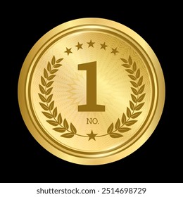 No. 1 Gold medal with laurel wreath, circle golden coin award vector illustration ,golden winner badge, medallion for champion, shiny trophy prize design of circle shape collection