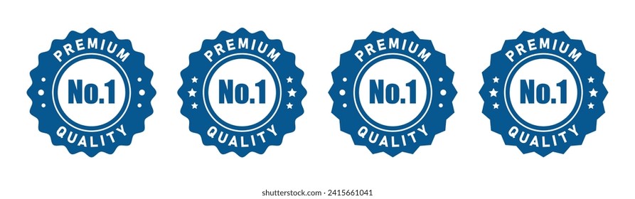 No 1 premium quality logo stamp set with pointed and rounded zig zag style in blue and white color. No.1 quality logo blue icon vector design for brand label or banner