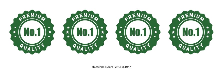 No 1 premium quality logo stamp set with pointed and rounded zig zag style in green and white color. No.1 quality logo green icon vector design for brand label or banner