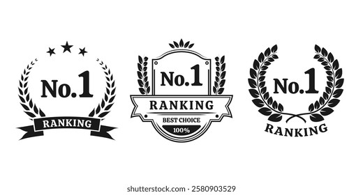 No. 1 rank icon set. Ranking award with laurel wreath. First place emblem. Number 1, Best choice label or badge. Vector illustration.