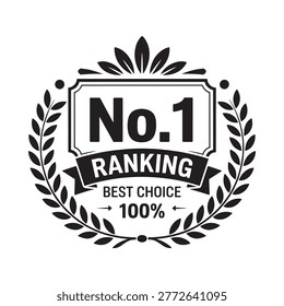 No 1 ranking badge with laurel wreath black silhouette on white background