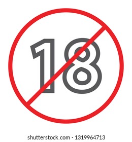 No 18 plus line icon, prohibited and ban, age restriction sign, vector graphics, a linear pattern on a white background, eps 10.