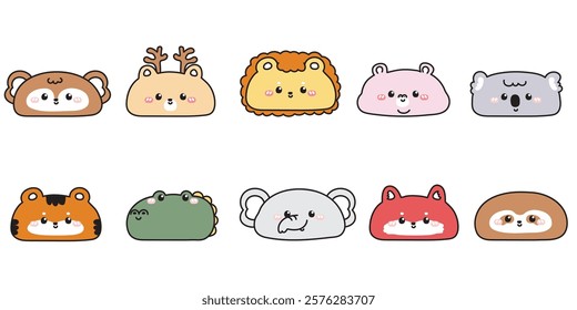 No 2.Set of cute animals head with smile face.Wild.Reptile.Monkey,deer,lion,tiger,fox,koala bear.Cartoon character.Kawaii.Vector.Illustration. 