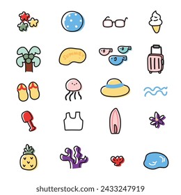 No 2.Set of cute icon summer concept in line hand drawn style.Cartoon design collection.Under the water animal.Sea and beach.Trip.Swim.Kawaii.Vector.Illustration.