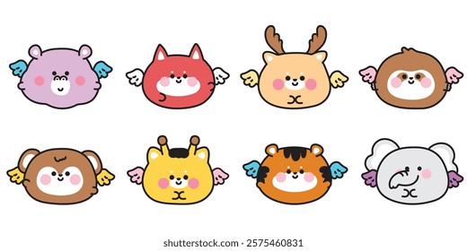 No 2.Set of cute round shape animals have wing.Angle.Fox,deer,sloth,giraffe,monkey.Animal fly on white background.Cartoon character.Kawaii.Vector.Illustration.