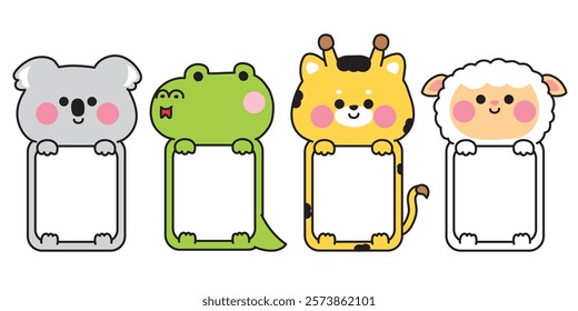 No 3.Set of cute animal hold frames.The message box is empty for text and baby photo.Koala bear,snake,giraffe,sheep.Cartoon character design.Kawaii.Vector.Illustration.