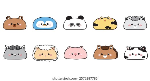 No 3.Set of cute animals head with smile face.Wild.Reptile.Farm.Penguin,panda bear,snake,sheep,pig.Cartoon character.Kawaii.Vector.Illustration. 