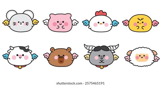 No 3.Set of cute round shape animals have wing.Angle.Rat,pig,hen,chicken,sheep.Animal fly on white background.Cartoon character.Kawaii.Vector.Illustration.