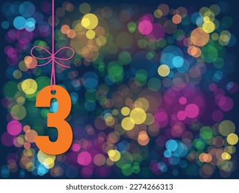 No 3 suspended by ribbon on background of colorful vector bokeh